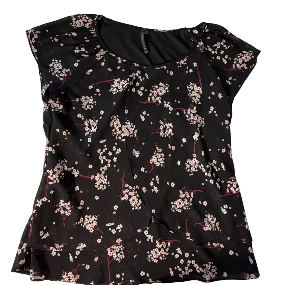 Meg & Margot Black Floral Chiffon Blouse Flutter Sleeve Tiered Career XL